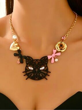 Cat Necklace with Pink & Gold Accents
